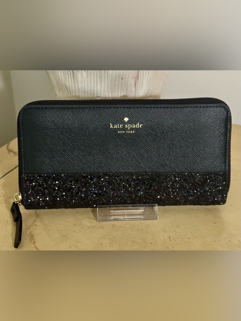 kate spade black glitter saffiano clutch NWOT